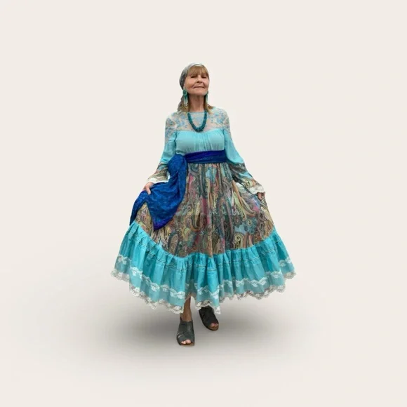 Upcycled Turquoise Boho Maxi Dress with Lacy Top & Paisley Ruffled Skirt, Size M - Picture 12 of 12